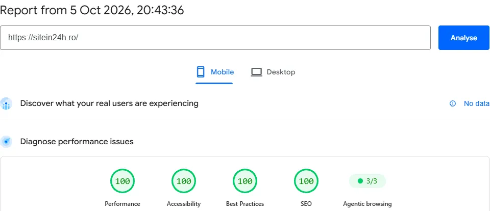 Captură PageSpeed Insights pentru sitein24h.ro pe mobil: Performanță 100, Accesibilitate 100, Bune practici 100, SEO 100, Agentic browsing 3/3