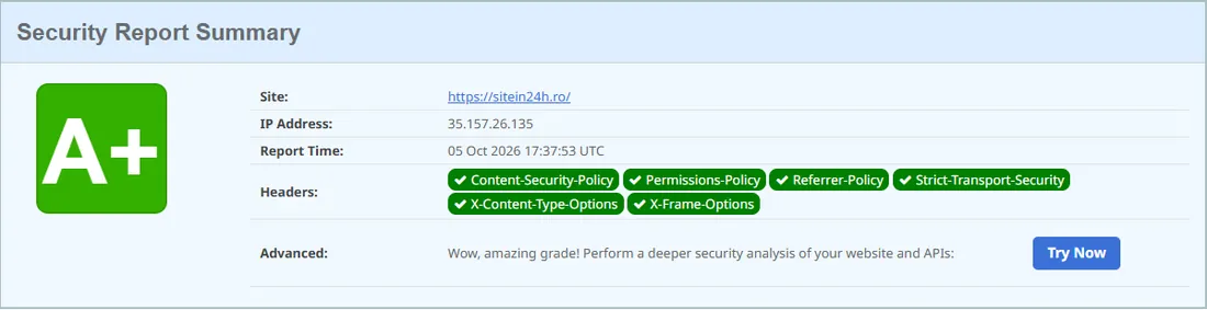 Captură Security Headers pentru sitein24h.ro: nota A+, toate cele șase headere verificate