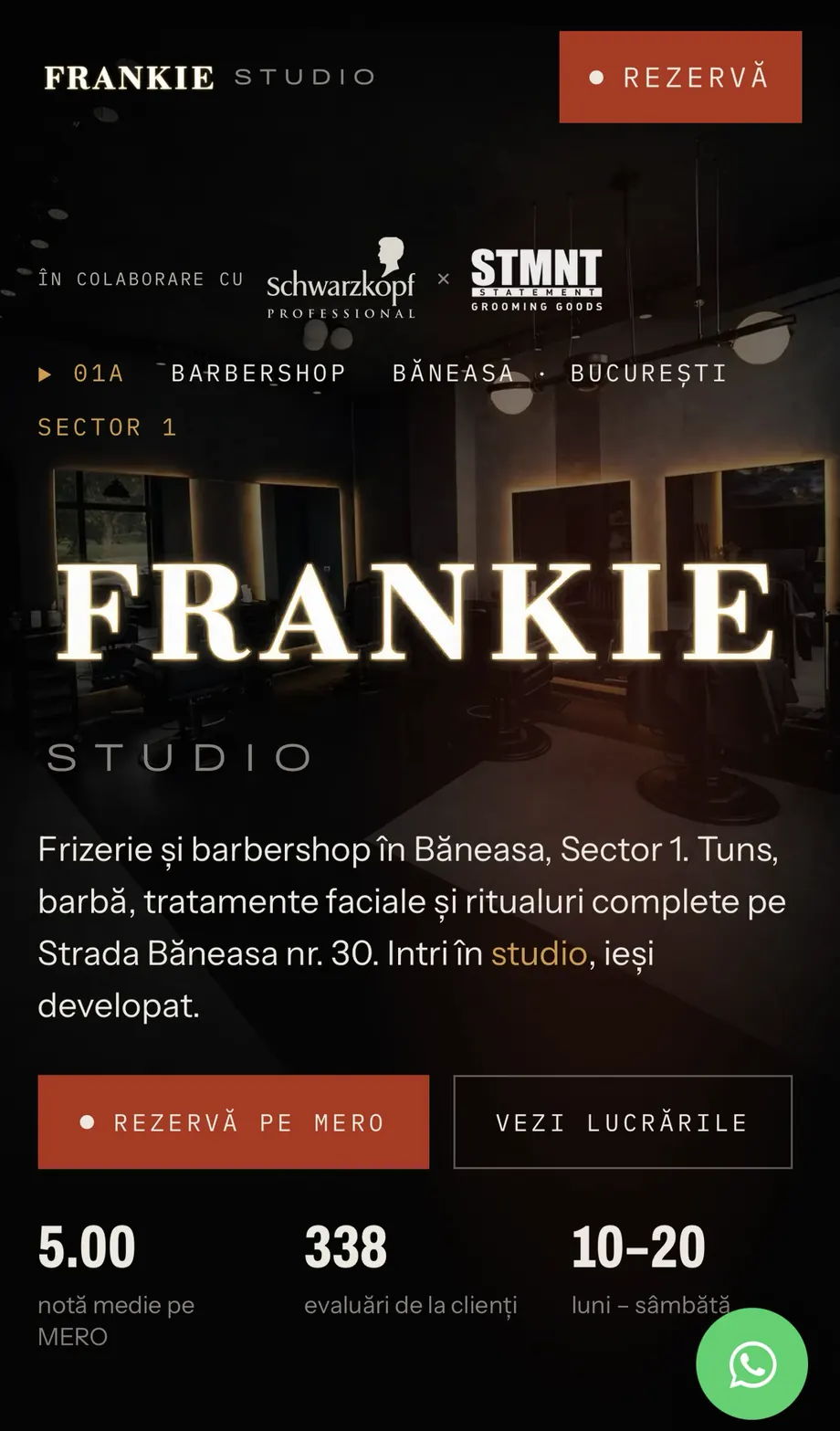 Captură de pe telefon a site-ului frankiestudio.ro: logo Frankie Studio, butoane Rezervă pe MERO și Vezi lucrările, nota 5.00 din 338 de evaluări